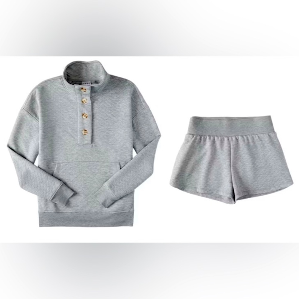 Woman’s Quilted Pajamas Set XL Grey Lounge Top & Bottom Shorts Pockets 2pc Set